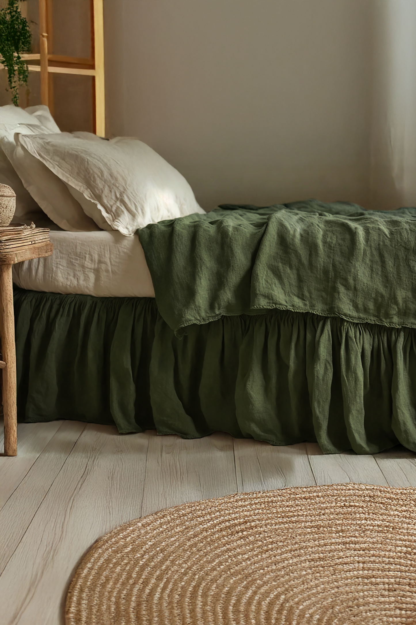 Khaki linen ruffled bed skirt