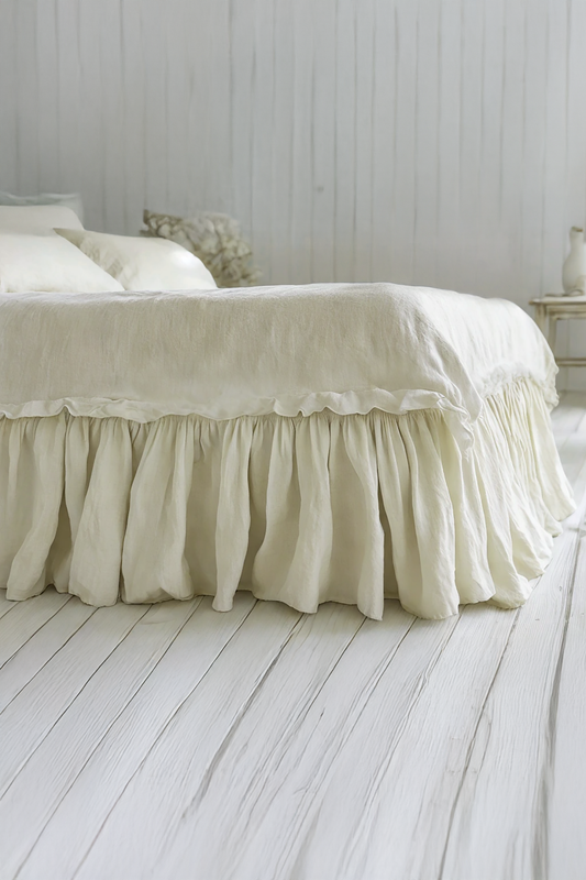 Ivory linen ruffled bed skirt
