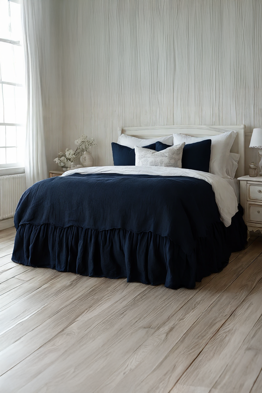 Navy linen ruffled bed skirt