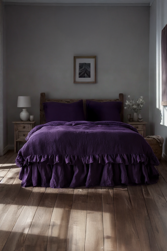 Violet linen ruffled bed skirt