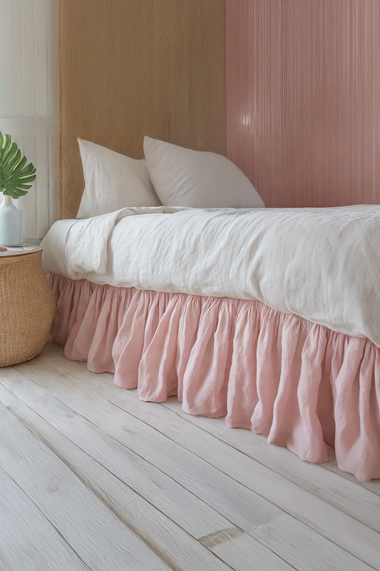 Pastel pink linen ruffled bed skirt