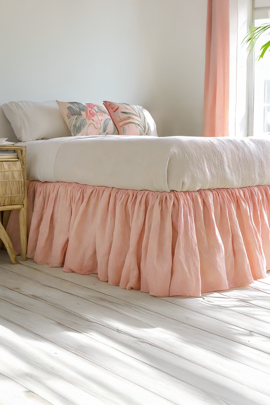 Peach linen ruffled bed skirt