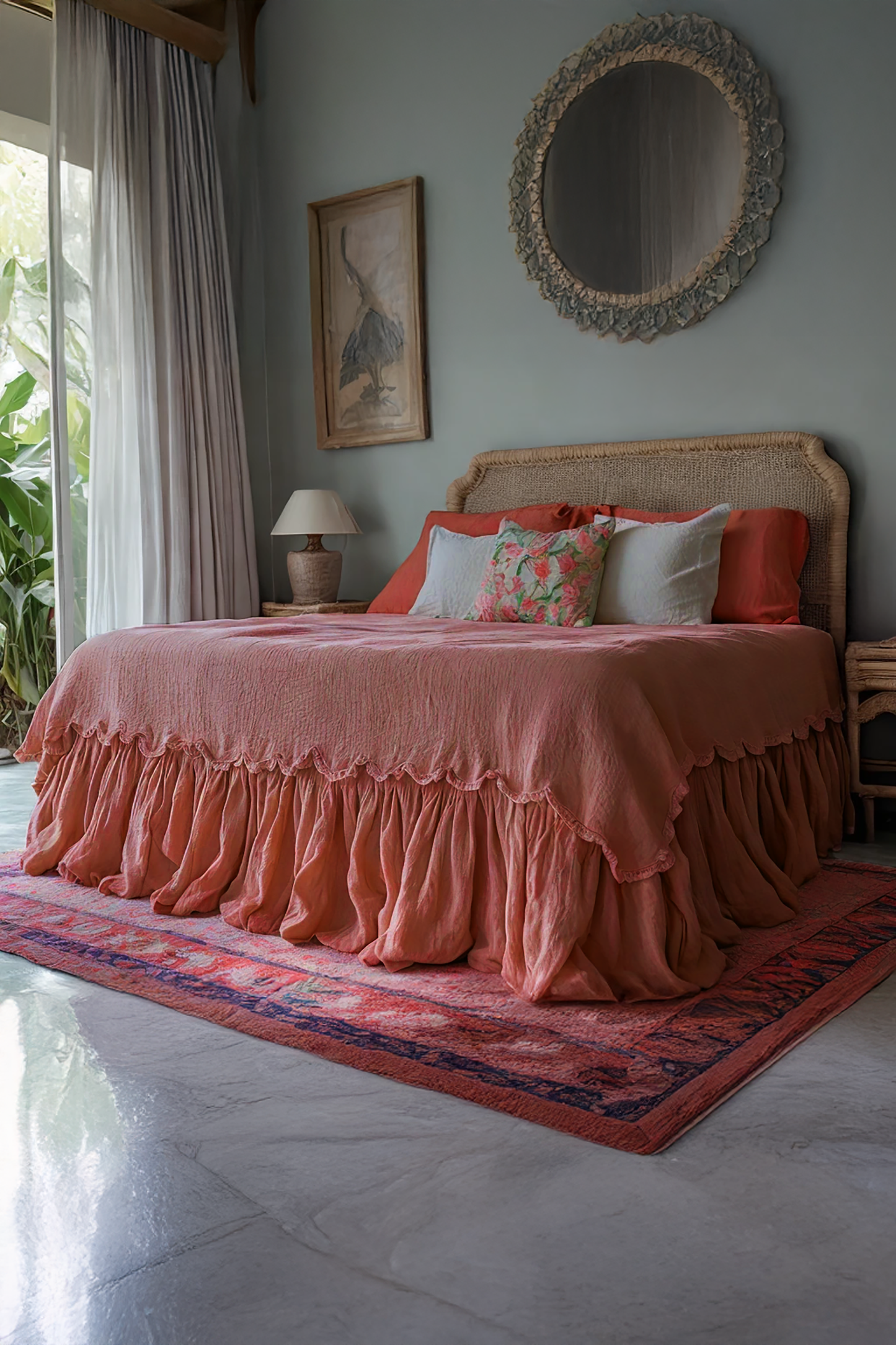 Coral linen ruffled bed skirt