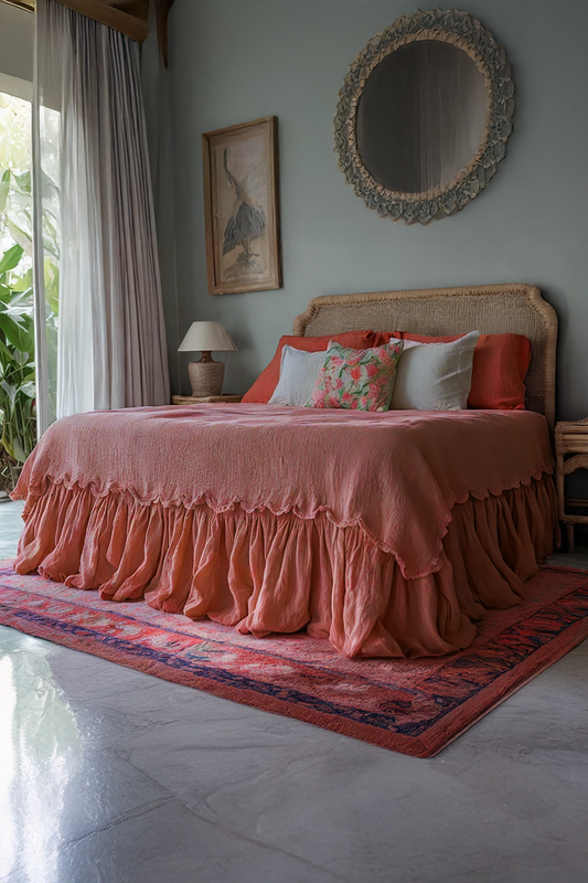 Coral linen ruffled bed skirt