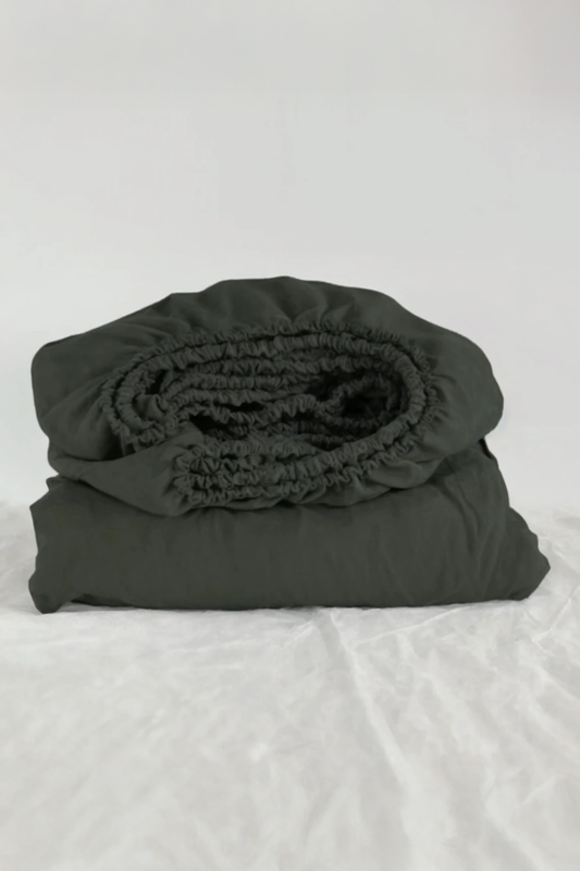 Charcoal green linen fitted sheet