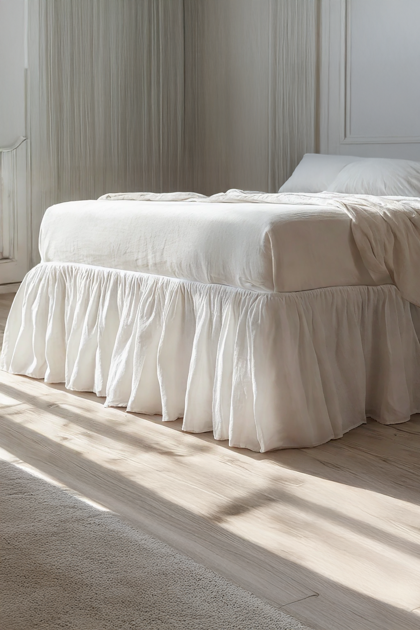 White linen ruffled bed skirt