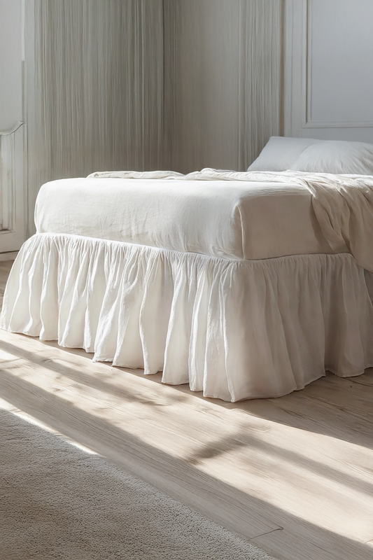 White linen ruffled bed skirt