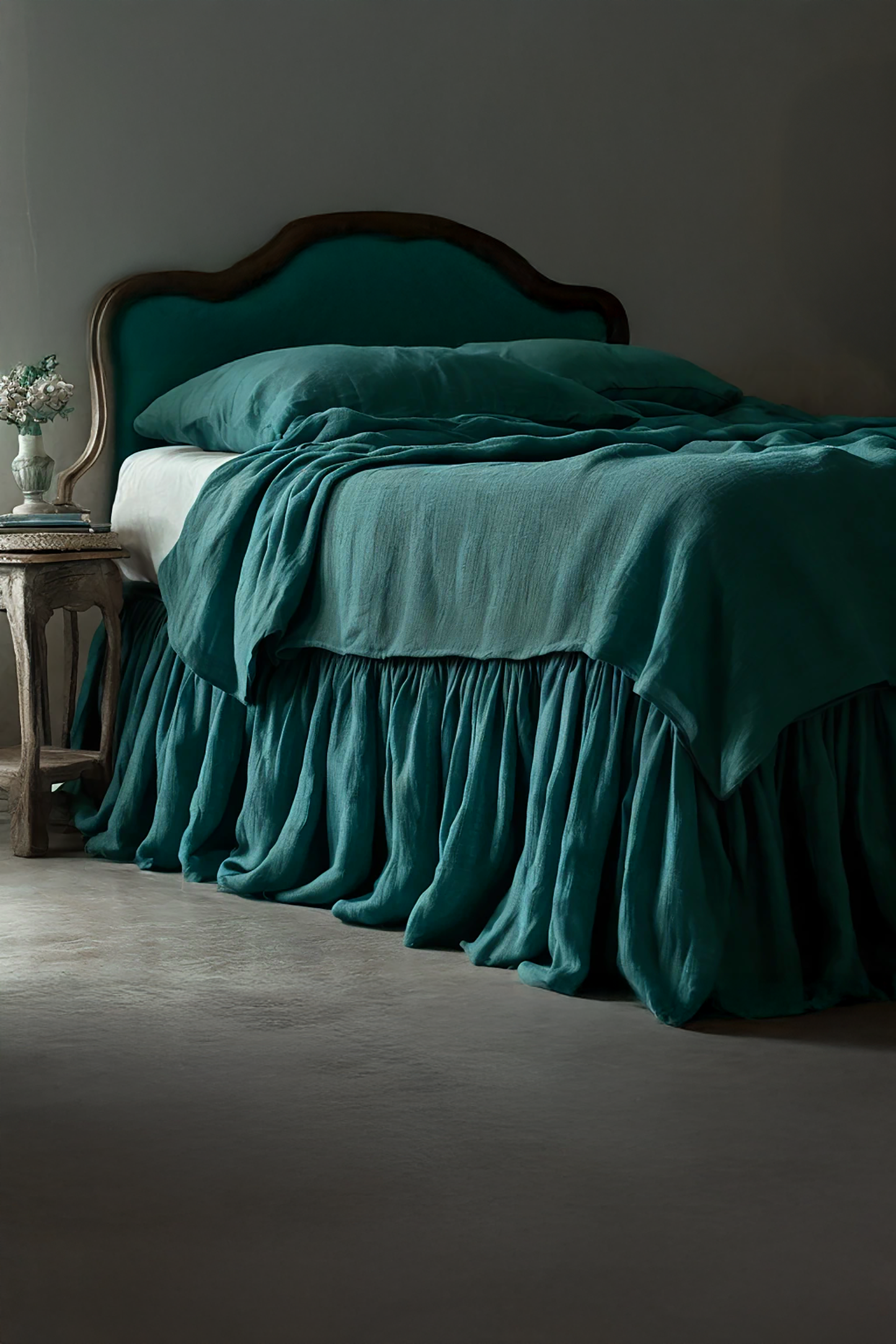 Teal linen ruffled bed skirt