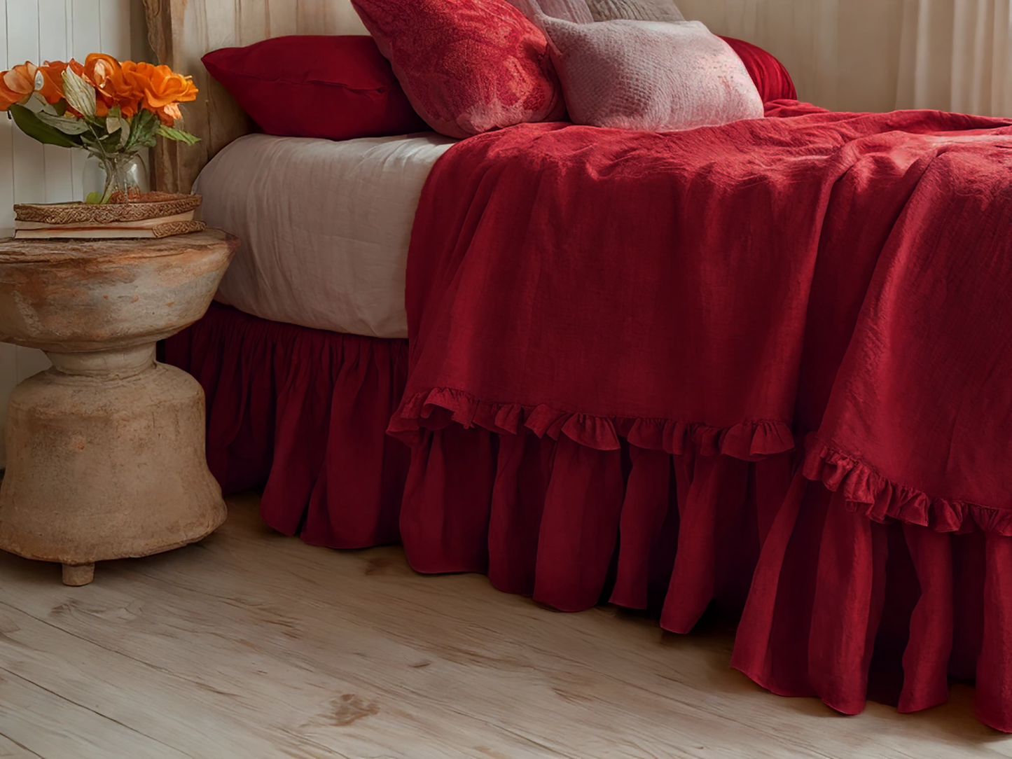 Marsala linen ruffled bed skirt
