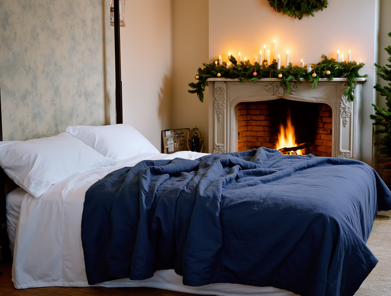 Christmas Indigo linen coverlet
