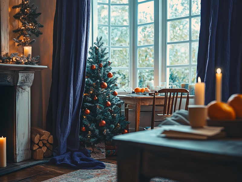 Christmas Indigo linen curtains