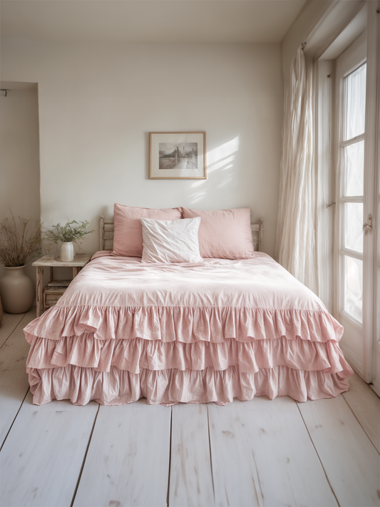 Pastel pink linen triple ruffled duvet cover