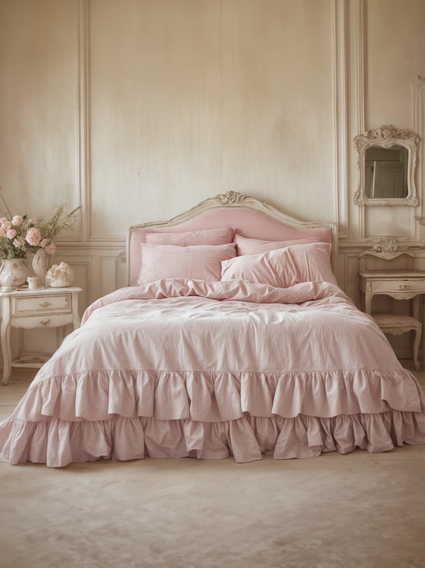Pastel pink double ruffles soft linen bedding set