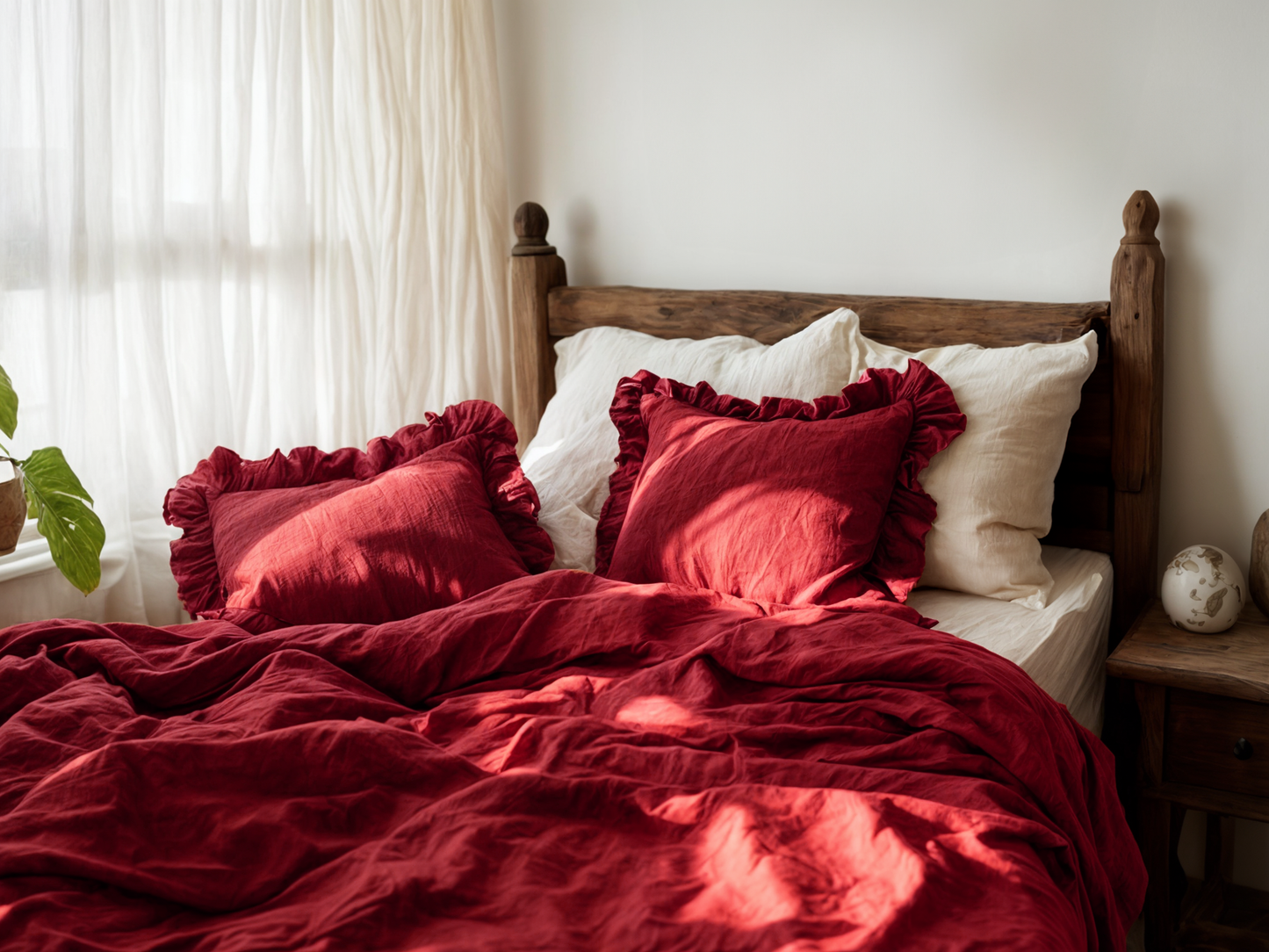 Marsala triple ruffles linen bedding set
