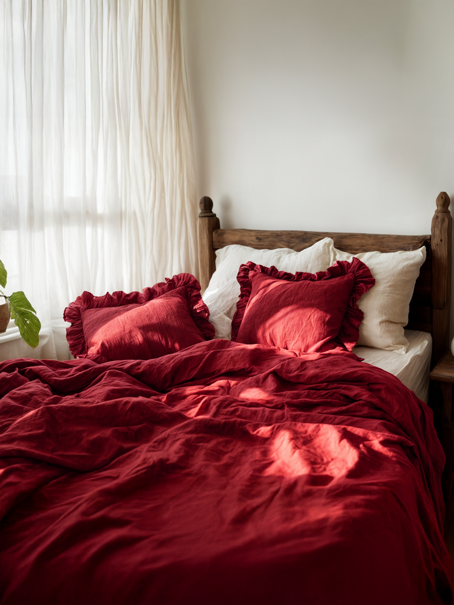 Marsala double ruffles soft linen bedding set