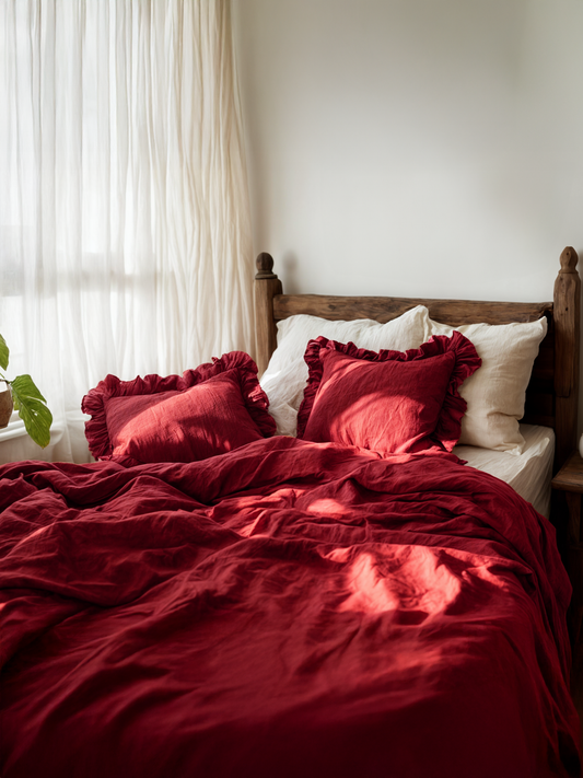 Marsala ruffled linen pillow cover