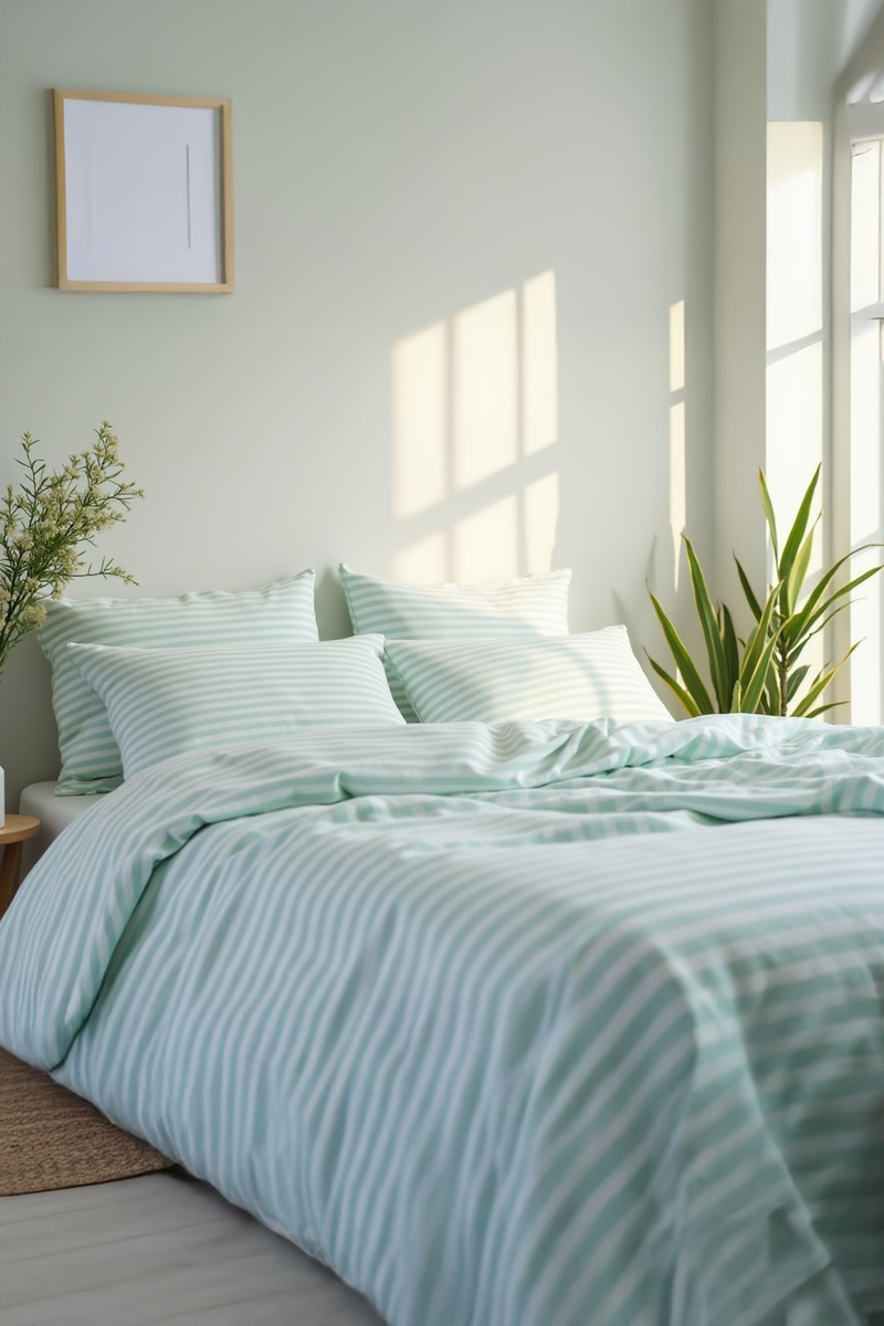 Mint Stripe Cotton Bedding Set