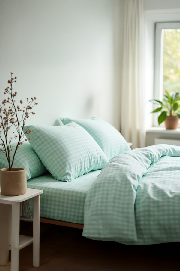 Mint Gingham Cotton Bedding Set