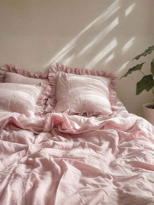 Light pink ruffled linen pillow case