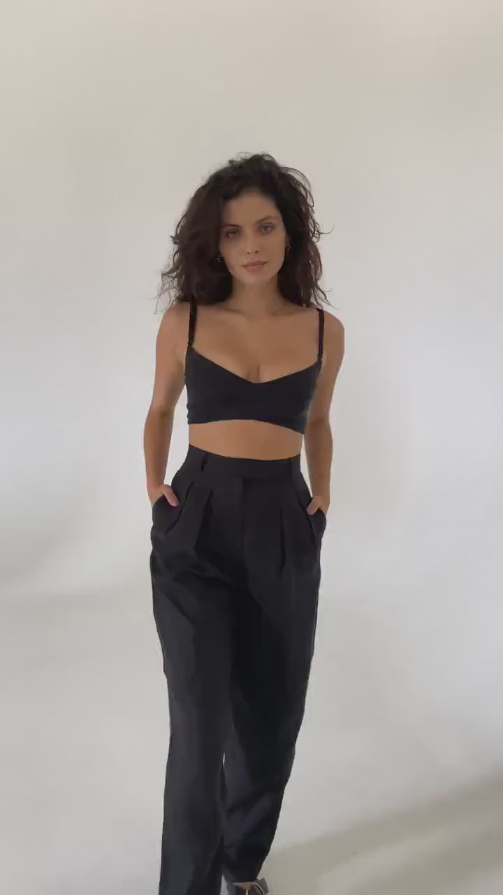 Black linen high waist pleated trouser pants Daria Classic office ігше linen pants with pockets and zipper Wide straight leg Custom sizes