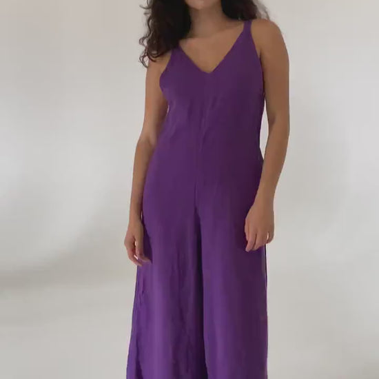 Fitted violet summer linen jumpsuit Charlotte Wide leg loose fit linen romper dungarees Plus size custom size linen overalls with pockets