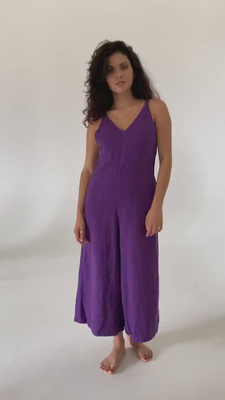 Fitted violet summer linen jumpsuit Charlotte Wide leg loose fit linen romper dungarees Plus size custom size linen overalls with pockets