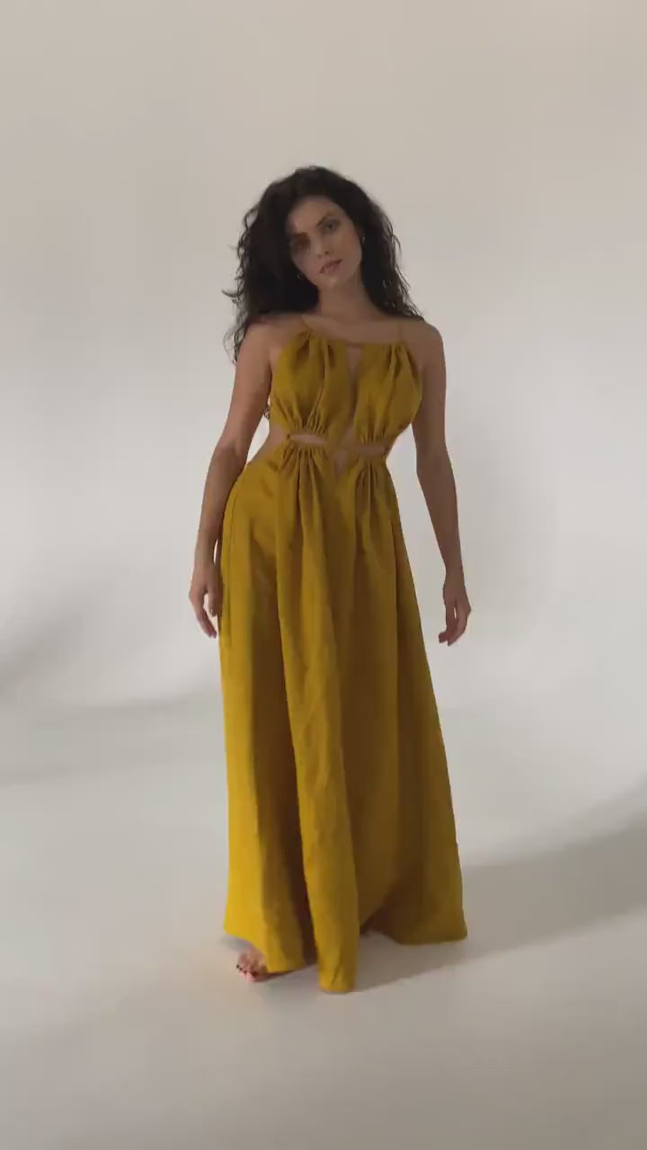 Amber linen dress Eve Goddess open back long linen dress with ties Burning man festival romantic yellow linen Coachella dress Custom size