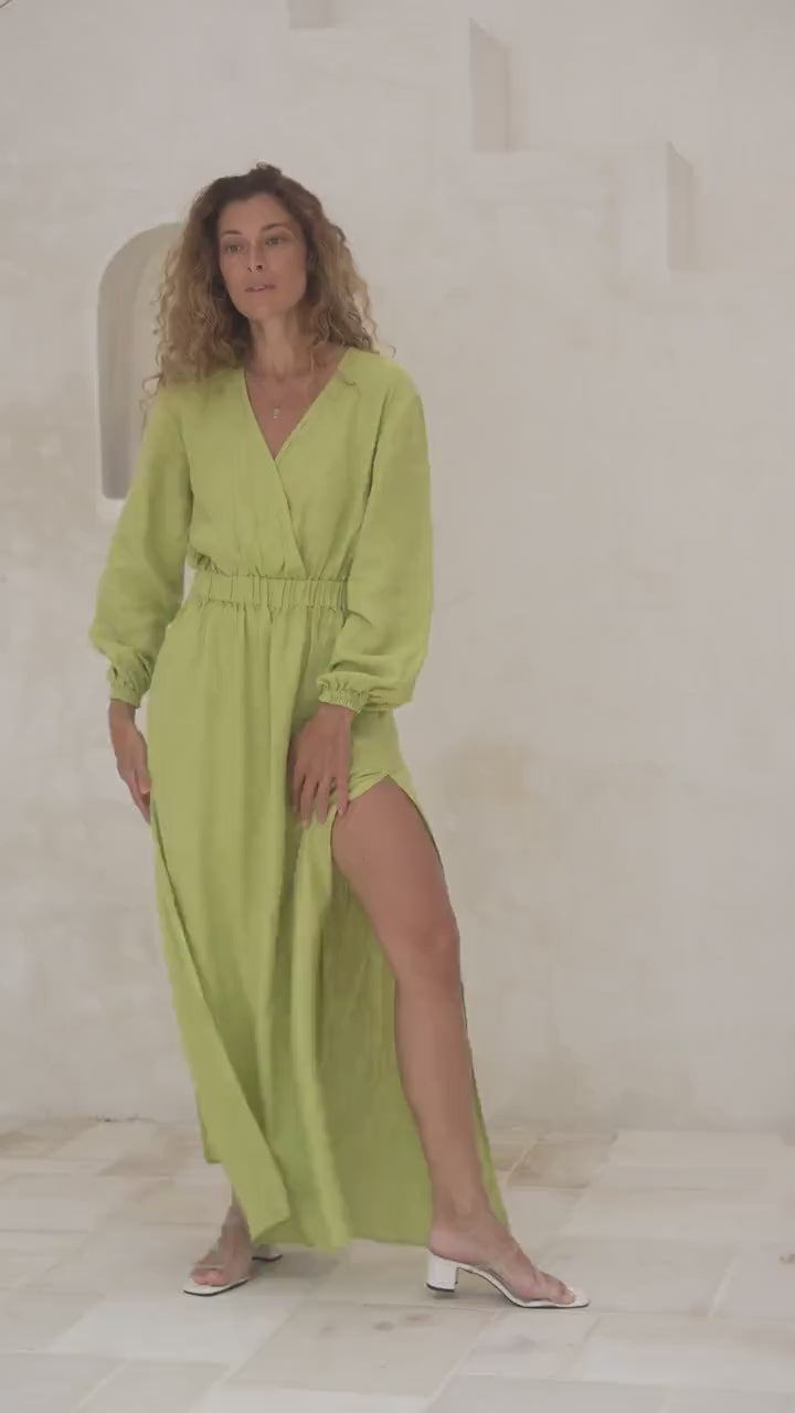 Lime linen maxi dress Helena Linen long sleeve dress with elastic waist Deep plunge v neck boho dress with pockets Plus custom sizes