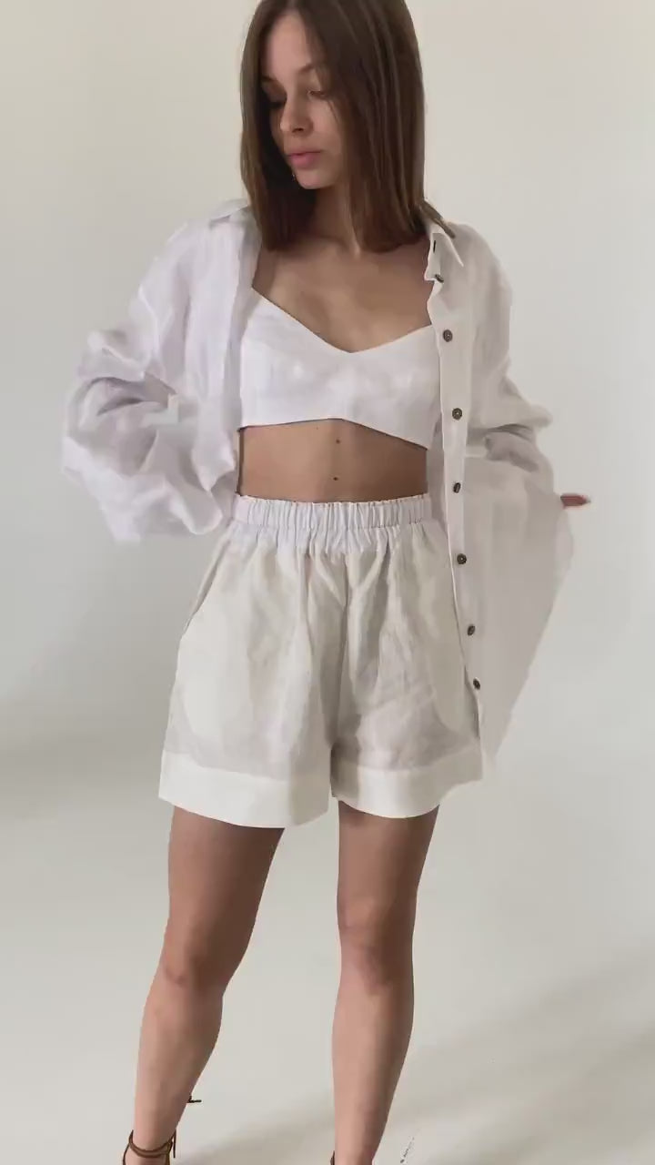 Oat linen high waist mini shorts Regina Summer short relaxed fit shorts Elastic waist Shorts with pockets Wide leg Custom sizes