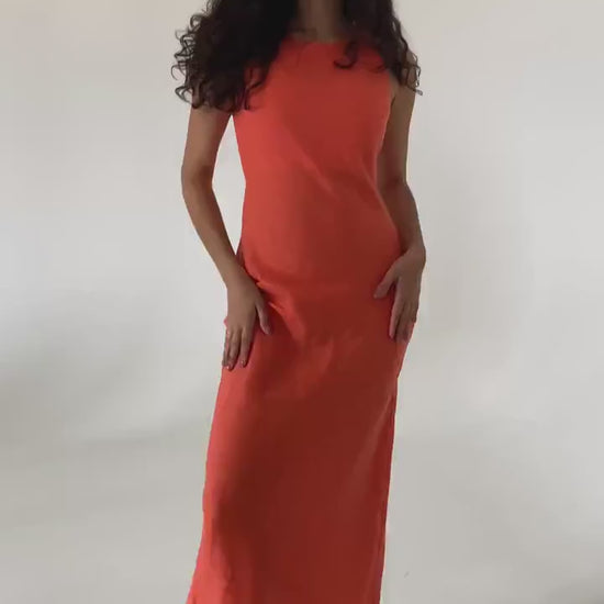 Tangerine linen midi slip dress Luna Long simple camisole dress Simple basic summer dress Minimalist casual pure linen dress Custom size