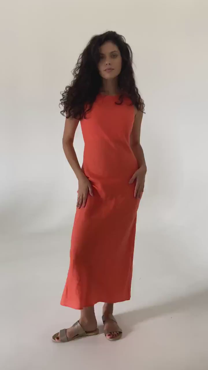 Tangerine linen midi slip dress Luna Long simple camisole dress Simple basic summer dress Minimalist casual pure linen dress Custom size