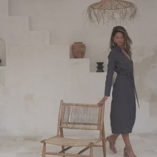 Office charcoal linen wrap midi dress Maria Linen mid calf long sleeve shirt style dress with belt Formal business dress Plus sizes