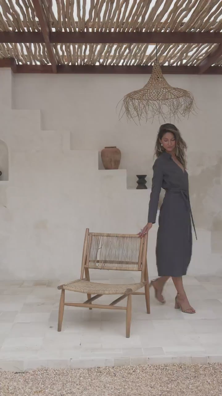 Office charcoal linen wrap midi dress Maria Linen mid calf long sleeve shirt style dress with belt Formal business dress Plus sizes