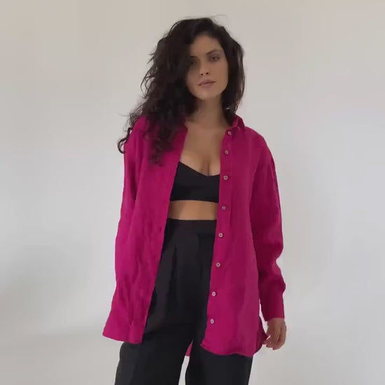 Fuchsia long sleeve linen shirt Kaia Casual oversized button down blouse Loose linen blouse Coconut buttons Mom gift Custom sizes