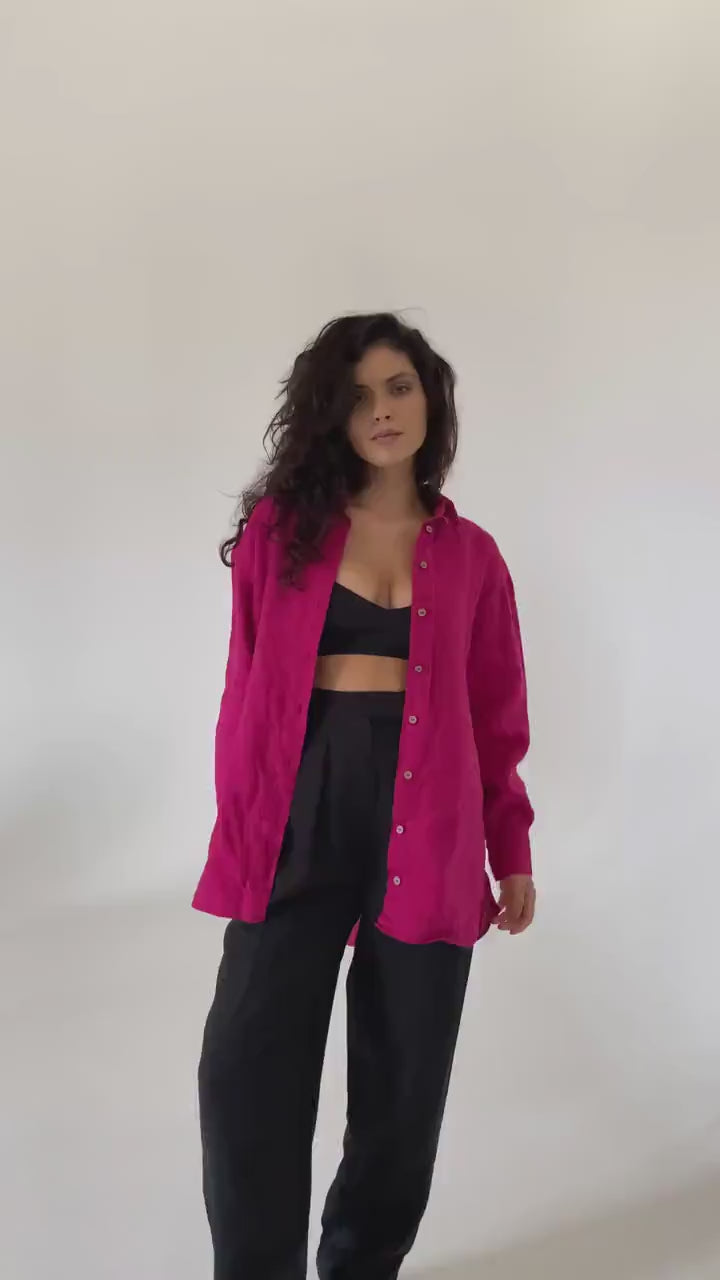 Fuchsia long sleeve linen shirt Kaia Casual oversized button down blouse Loose linen blouse Coconut buttons Mom gift Custom sizes