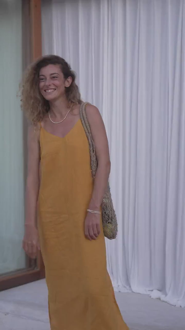 Marigold linen midi slip dress Anka Long strap cami dress Simple basic summer dress Minimalist casual pure linen dress Custom size