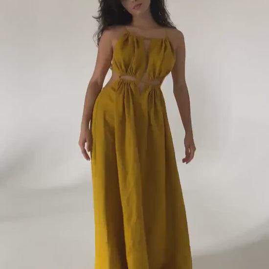 Sand linen dress Eve Goddess open back long linen dress with ties Burning man festival romantic undyed linen Coachella dress Custom size