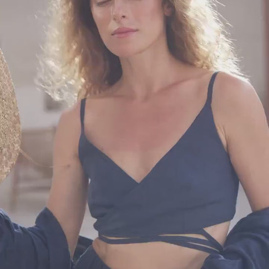 Navy linen set Kaia set Loose long sleeve linen shirt Kaia and high elastic waist shorts Samantha and wrap crop top Liana Custom sizes