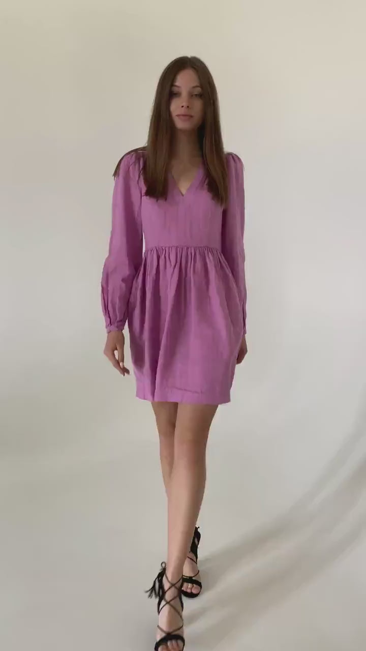 Flamingo linen mini dress Sophia Linen v neck long lantern sleeves romantic style dress Short pink linen dress with pockets Plus sizes