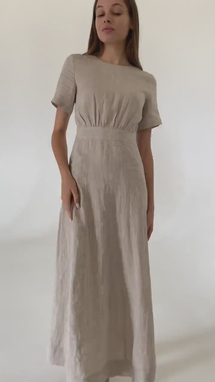Sand linen midi t shirt dress Fiona Long simple dress Simple basic summer dress Minimalist casual pure undyed linen dress Custom size