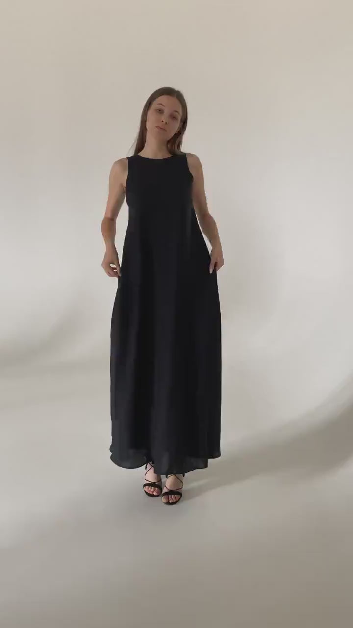 Black linen maxi flare dress Alice Black long simple loose dress Simple basic summer dress Minimalist casual pure linen dress Custom size