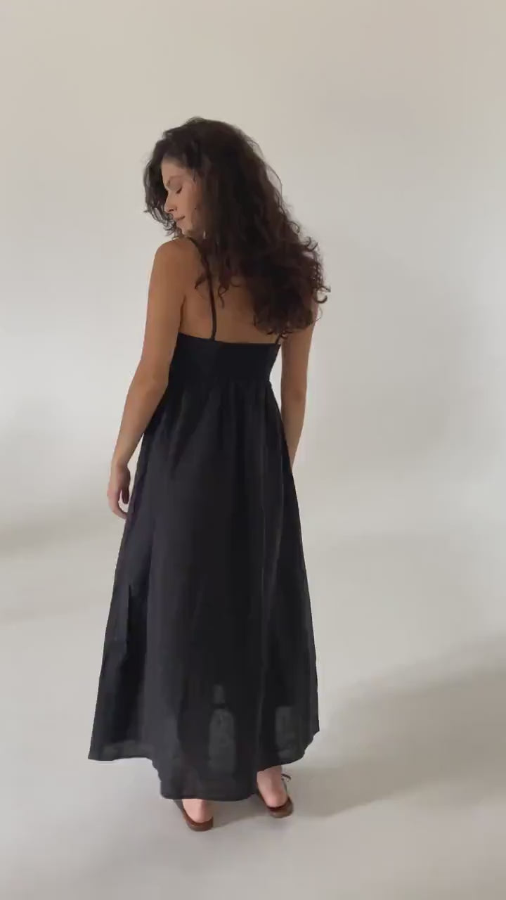 Black linen maxi slip dress Jane Long strap cami dress Simple basic summer dress Minimalist casual pure linen dress Custom size