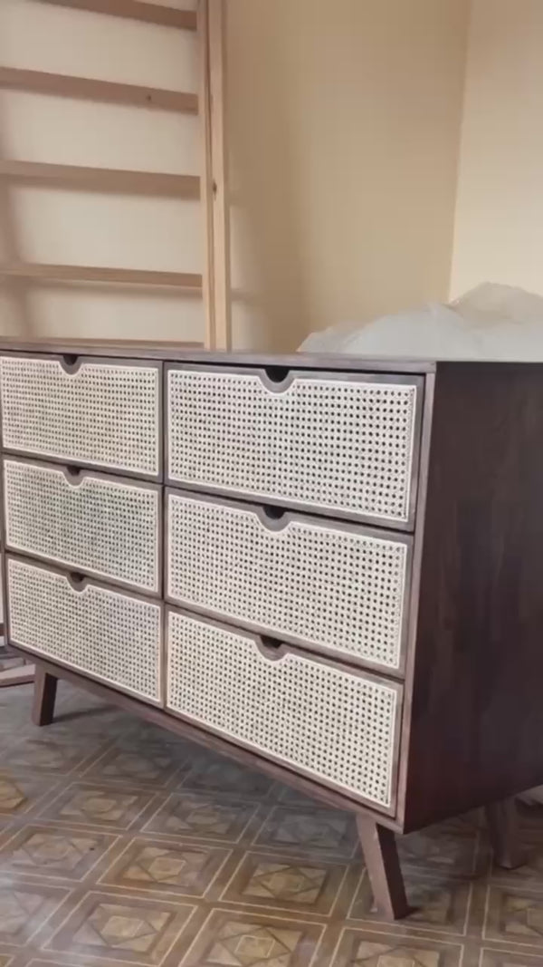Beige Oak Dresser with Rattan Drawers