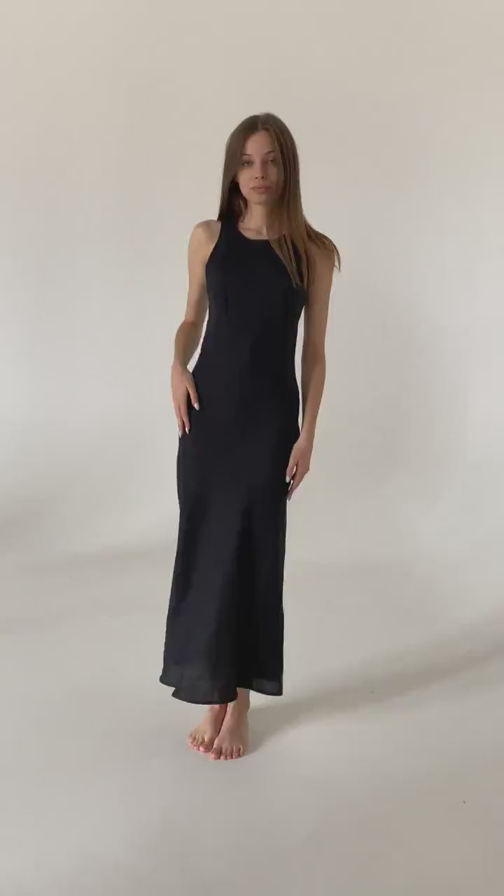 Black linen midi slip dress Luna Long simple camisole dress Simple basic summer dress Minimalist casual pure linen dress Custom size