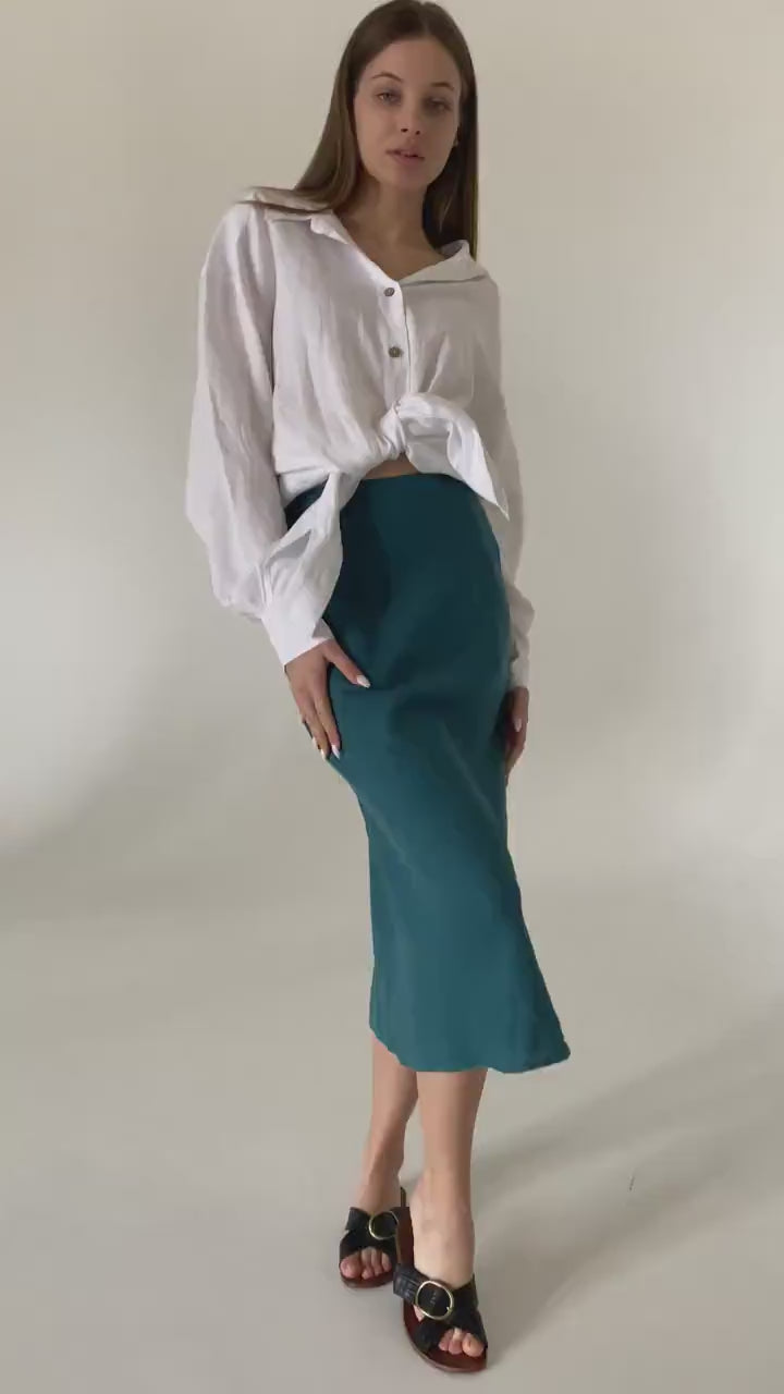 Fit teal linen midi skirt Gloria Summer skirt with elastic waistband and lining High waist office linen skirts Custom Plus size