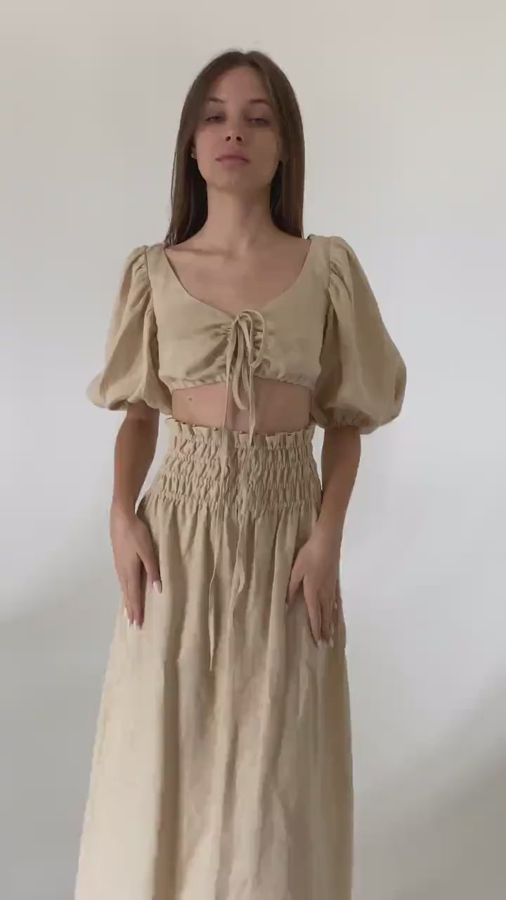 Loose Lemon linen maxi skirt Kiara Wide comfortable elastic waistband High waist romantic linen skirts with slit Custom Plus size