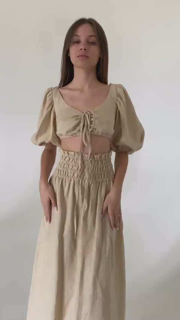 Loose Lemon linen maxi skirt Kiara Wide comfortable elastic waistband High waist romantic linen skirts with slit Custom Plus size