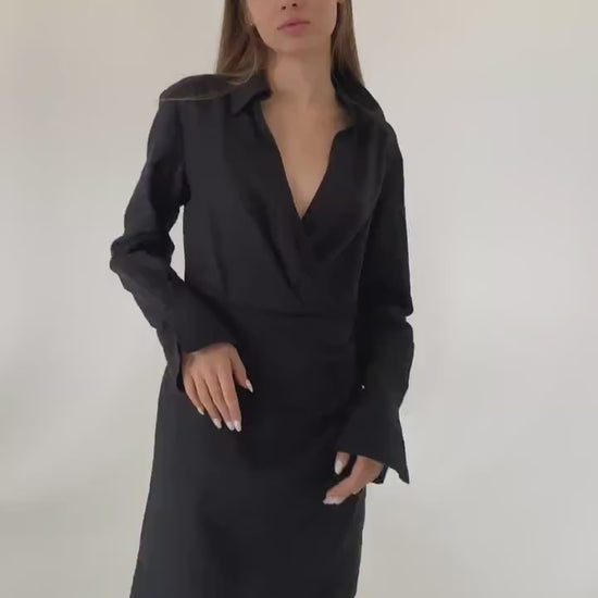 Almond linen mini dress Scarlett Linen v neck long shirt sleeves blouse style dress Short brown linen dress wrap looking Plus sizes