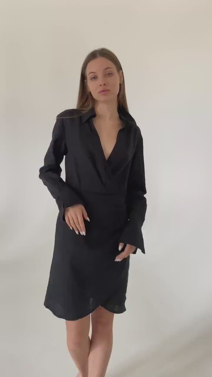 Almond linen mini dress Scarlett Linen v neck long shirt sleeves blouse style dress Short brown linen dress wrap looking Plus sizes