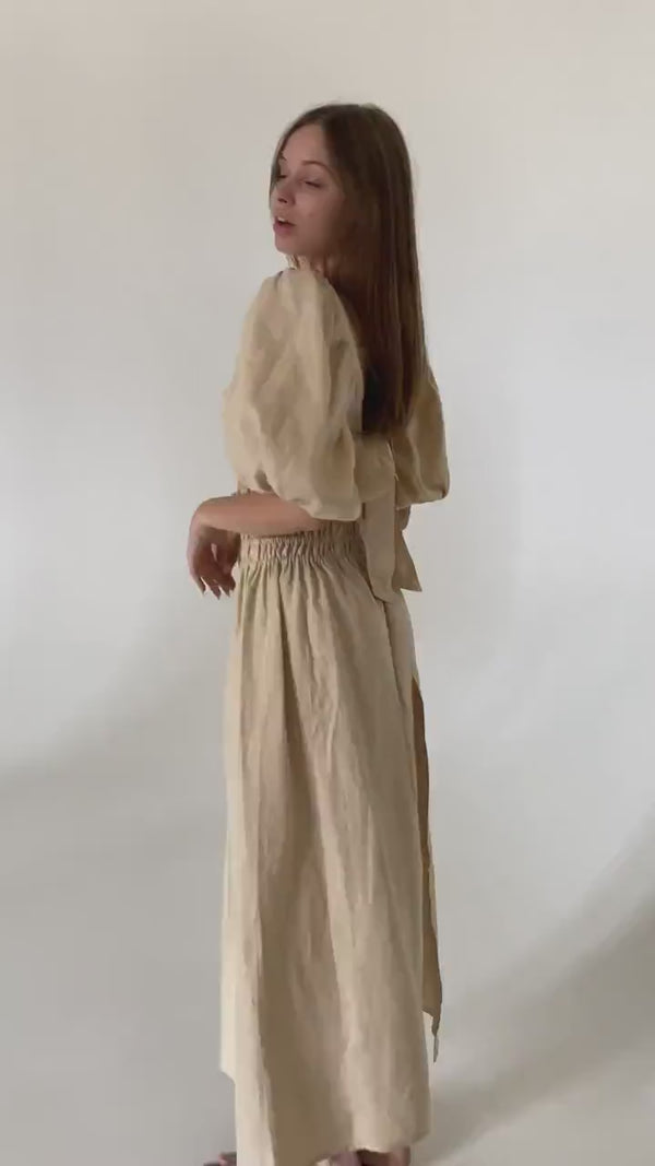 Oat linen set of wrap crop top and maxi skirt Kiara set Open back top with puffed sleeves loose high waist skirt Beige linen clothing